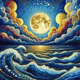 Pointillist artwork. Medium shot. Animated waves and storm clouds partially occlude the huge moon in a nighttime sea storm. Wide angle lens. Mikalojus Konstantinas Ciurlionis inspired pointillism with Miriam Schapiro's vibrant colors. Geometric shapes and patterns reminiscent of Naomi Okubo's style. Screen print textures and pop art aesthetic. Triadic colors with blue, yellow, and red hues. Golden hour glow with symmetrical composition. 8k resolution, highly detailed, trending on Artstation, fol