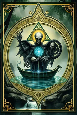 alchemical sacred geometry framed action figure card of a crucified alien necrophyte electric eel necromancer on round swamp transparent glass obcidian boat beholder eye wheel throne in a charged foggy jungle waterfall, with withered filmgrain