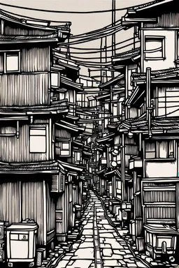 Tokyo shanty town, greyscale, line arts, thin lines