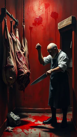 Bosch style painting , A shadow of a spirit inside a bloody butcher store , the butcher is cutting a big cow meat hanging with hooks with details on red bloody background of a meat store , blood is everywhere on the wall and his clothes,