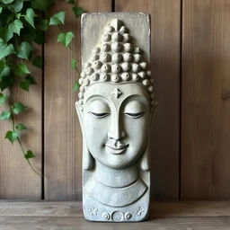 This image depicts a tall, rectangular sculpture featuring a Buddha face in a peaceful, meditative expression. The artwork combines earthy colors with textured details, showcasing a gray-toned Buddha face with closed eyes and a gentle smile. The hair is stylized in small, rounded patterns, typical of traditional Buddha representations. On the left side, green leaves and vines wrap around a wooden background, adding a natural element that contrasts with the stone-like appearance of the Buddha's f