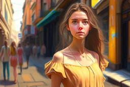 a girl in a beige dress is visible on the street, bright colors, very detailed, fine rendering, high detail, high resolution, 8K