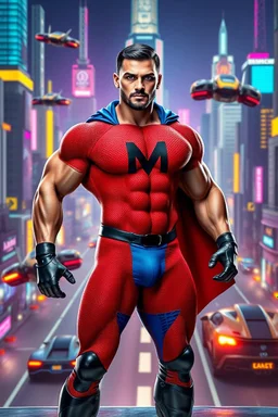 An extremely muscular, athletic man with a short, black hair, blue eyes, goatee, wearing a bright red, textured formfitting bodysuit, wearing blue trunks on the outside of the bodysuit, a black leather, knee-high black leather boots, black wrist gauntlets, blue cape, with a black Capital letter "M" on the chest, posing against a futuristic cityscape, Neon-lit, Extremely colorful, Flying cars