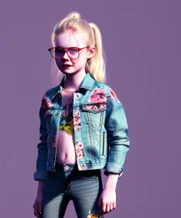 Elle fanning toddler, full body, city background, tatoo denim jacket, floral shirt, dramatic lighting