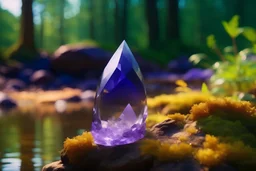 amethysts crystal, with transparency, in a forest, lake with fairies