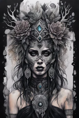 portrait vantblack pouring Acrylic an cyberpunk shaman woman extremely textured botanical-metal faced portrait with a voidcore metal gothica headdress with metallic filigree gothica ornaments around onix stones mineral stone metallic watercolour an black ink filigree silver voidcore shamanism foral ornaments plants and tree branches black ink on half face masque gothica filigree voidcore athmospheric organic bio spiral ökoart creepy stunning