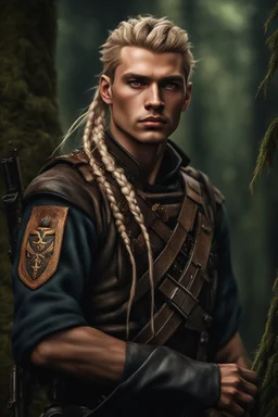 photorealistic hyperdetailed portait of 20-year-old german male, as mercenary with long blonde braided and undercut hair, tribal tattoos and neatly trimmed beard wearing modern mercenary uniform dark fantasy forest backdrop