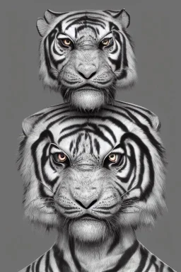 Rainforest, hybrid human man tiger, frontal, model style, hyper realistic, accurate, delicate, extremely detailed, Graphic novel style, wide-angle, front view, open aperture, superfine pencil