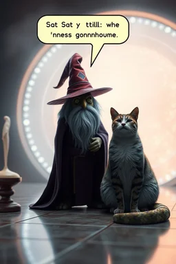 Wizard,snakebat and fat cat, add some fucking realism with no mutants, and a foggy background, and shiny tiled floor, and speechbubble above head saying "Stay still. We are gonna tickle you abit." in front of space portal dimensional glittering device, bokeh like f/0.8, tilt-shift lens 8k, high detail, smooth render, down-light, unreal engine, prize winning