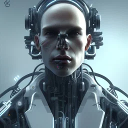white cyberpunk cyborg men portait realistic sci fi dirty face and cheap implants focused on face