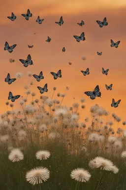 Butterflies flying up from a field of dandelions at sunset