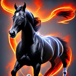 Black muscular horse with red eyes, fire, ice, lightning