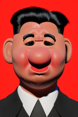 Waist up muppet Portrait, Kim Jong-un muppet doll, black suit, photo studio, red background, unreal engine 5, concept art, art station, god lights, ray tracing, RTX, lumen lighting, ultra detail, volumetric lighting, 3d.