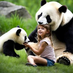 very beautiful realistic10 years old girl playing with a panda