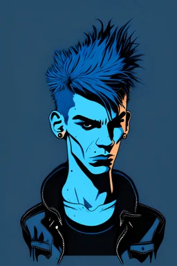 2d Illustration of a 23 year old punk Argentinian man, front view, flat single color darkblue background