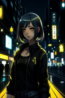 cute anime cyberpunk girl with dark medium-length hair, yellow eyes, wearing dark, tight, clothes standing on the streets of tokyo at night