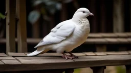 A white dove sitting on a wooden perch , with its head tucked under its wing, resting