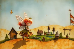 double exposure, merged layers, golden patina, corrosion, topographic lines, needle felt mohair cute chibi fairy princess, fairy village, watercolor and charcoal S<AI in sunshine