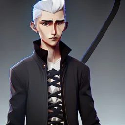 gray-haired young man with katana in black baggy jaket