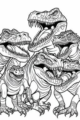 create a coloring page, white background Show a group of young T-Rexes performing territorial rituals, such as head-butting or displaying their impressive size to assert dominance within their social group ink drawing clipart, simple line illustrations, colored