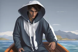 Modern man in a boat wearing hoodie by Andrea del Sarto