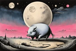 surreal sneaky lunar pig curled up as the moon shining on a lunatic landscape, Style by Gerald Scarfe and Yves Tanguy, sinister surreal masterpiece, text "PINK FLOYD" Album art, color ink illustration, dark colors, smooth