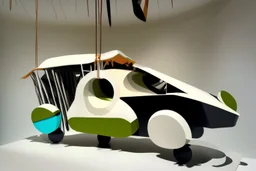 flying car sculpture hangin from ceing in white gallery in the style of Eileen Agar