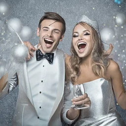 Photograph of a happy couple celebrating with silver party decoration.