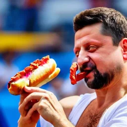 Volodymyr Zelensky WITH A BEARD wearing TANKTOP EATING A HOTDOG