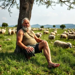 40 year old Sardinian shepherd, sturdy, muscular and bulky, with short beard and big nose, relaxes sitting leaning against a tree in the middle of a meadow full of grazing sheep, dressed in a tank top and shorts, strong and muscular legs, bare feet, photorealistic bucolic scene,