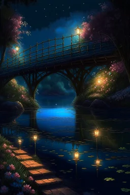 A night bridge in the park, a cozy lonely flashlight is burning, a crystal clear river under the bridge, beautiful flowers around, rose petals on the water, glow professional photo, careful drawing of small details,detailed digital painting, high image detail 120k, fine detailed drawing, perfect angle, professional photo, HDR, UltraHD, many details, pixel study, hyperreal, 9D, hyper detail, photorealism, ultra high graphics, realistic, hyper clarity