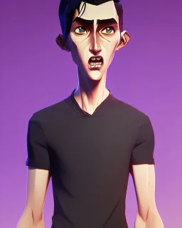 a tall rattled guy with short dark hair tousled on top, a long neck and long limbs and is wearing a t-shirt with a shirt over and skinny jeans