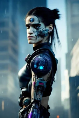 A portrait post-apocalypse cyborg Sofia Boutella in a cyberpunk city, sci-fi fantasy style, 8k, volumetric lighting, particales,highly detailed,cinematic, deep scars on face,deep colours.