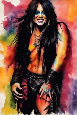 Text "Motley Crue, " Doro Pesch, Miss Motley Crue, bright, colorful, multicolored watercolor stained wall in the background