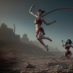 Two women skipping with a rope, demons and angry gods fight in the background, in the style of a Michael Moorcock book cover.