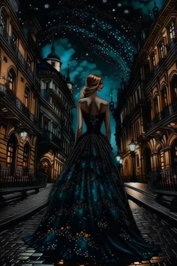 Under a starry umbrella and cityscape long dress, she’s the queen of the night, dark deep colours, atmospheric, weird, crepy stunning