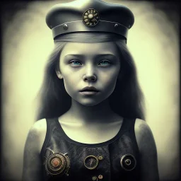 a little girl looking like a pirate with a tattoo in her face, steam punk, scary, horror, realistic, made in octane, cinematic, ultra-realistic, extremely detailed octane rendering, 8K, VRAY Super Real ar 2:3, dof photorealistic futuristic 50mm lens hard lighting dark gray tintype photograph, realistic lighting, sephia colors