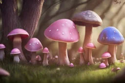 a cute fairy mushroom house pink and blue in the forest, spring time,rabbits, squirrels, flickering light, centered, high-quality, fine-detail, digital art, detailed matte, volumetric lighting, illustration, 3D octane render