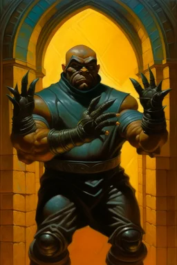 1970's dark fantasy cover dnd style oil painting of a medieval human fat repairman with black hands claws sport outfits with minimalist far perspective. Magazine.