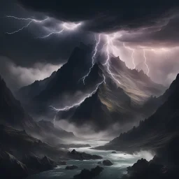 A dark and ominous mountain with a lightning storm around it and raging rivers