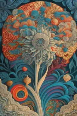 Tapestry titled "morphic resonance" made out of knotted macrame with intricately detailed quilling consisting of flowers, foliage, feathers, leather, and gemstones; optical art; symbolism, precisionism, MC Escher, intricately detailed, elegant, colorful, attractive, evocative