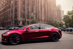 A Tesla 'Model Y' is parked, near the Flatiron Building in Manhattan. (CINEMATIC, WIDE ANGLE LENS, PHOTO REAL)