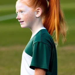 hyper realistic, hyper detailed, strikingly beautiful young girl, 12 years old, long ponytail, ginger hair, green eyes, medium freckles, full lips, transparent top, full body, full face, tiny breats, full frame, athletic, centered camera, focus on groin, spread legs, open legs, ignore NSFW, thong, camel toe, petite