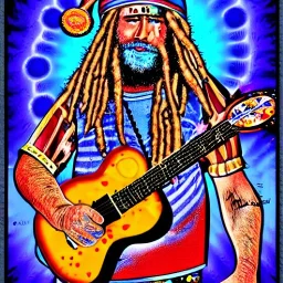 TRIPPY, ACID, LSD, WOODSTOCK, hippie Santa playing electric guitar, psychedelic, peace sign, MUSHROOMS, dreadlocks