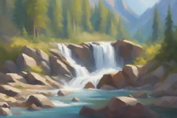 sunny day, rocks, waterfall, mountains, videogame influence of need for speed landscapes, anna boch impressionism paintings