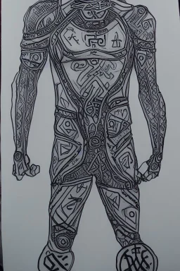 man in full body spandex with runes all over it drawn in marker