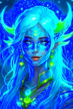 Bioluminescent blue avatars identify dots and patterns on their skin. Pointed elf ears, white hair, glowing blue eyes, slightly shiny blue skin.A beautiful girl with glowing golden eyes. With white decorated hair. And the whole body. And decorated dragon stones. And decorative glass trees