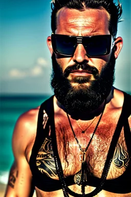 Artistic photo in the audacius style of Jill Greenberg, of man with a luxurious and striking style, abundance of jewelry, oversized square one-piece sunglasses, neat black beard, prints, extravagant, barroque scene , impasto style with thick texture