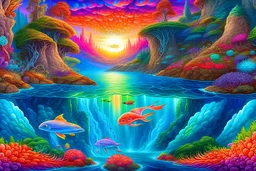 An Trees, waterfalls, and imaginative landscapes. Underwater lake fish. Coral. The sky is decorated with stars and sky waterfalls fantasy, perfect anatomy, fantasy, vibrant digital art professional award winning masterpiece, oil on canvas Atmospheric extremely detailed Josephine Wall