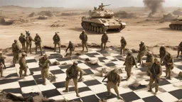 Israeli soldiers and tanks stand on a very large chessboard in the middle of a destroyed city